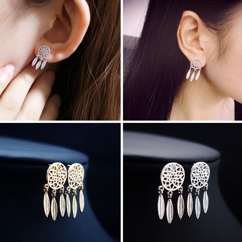 Berongga Penangkap Mimpi Daun Bulu Kristal Mengkilap Drop Menjuntai Anting Untuk Wanita Pesta Perhiasan Korea Gantung Cz Earrings