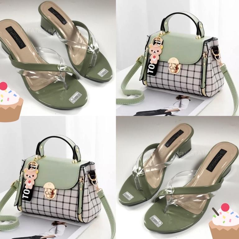 Ready Promo  Satu Set Tas Square Fashion Wanita & Sandal Hak Tinggi 5cm