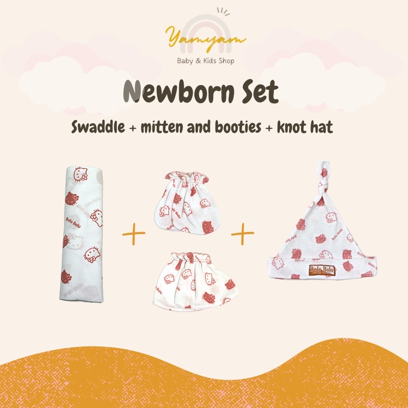 newborn set bedong set package paket bayi baru lahir sweaddle mitten booties knot hat bedong sarung tangan kaki sartaki stk topi bayi bolo bolo diti baby