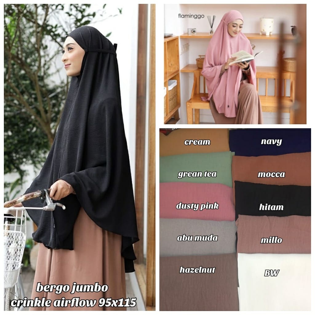 Kerudung Hijab Bergo Jumbo Crinkle Airflow Size XXL - Khimar Jilbab Ukuran Besar Bahan Lentur dan Nyaman