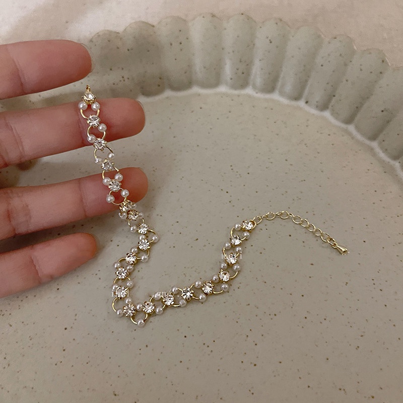 YEEZII Gelang Emas Simple Mutiara Zircon Beads Bangles Untuk Aksesoris Perhiasan Wanita