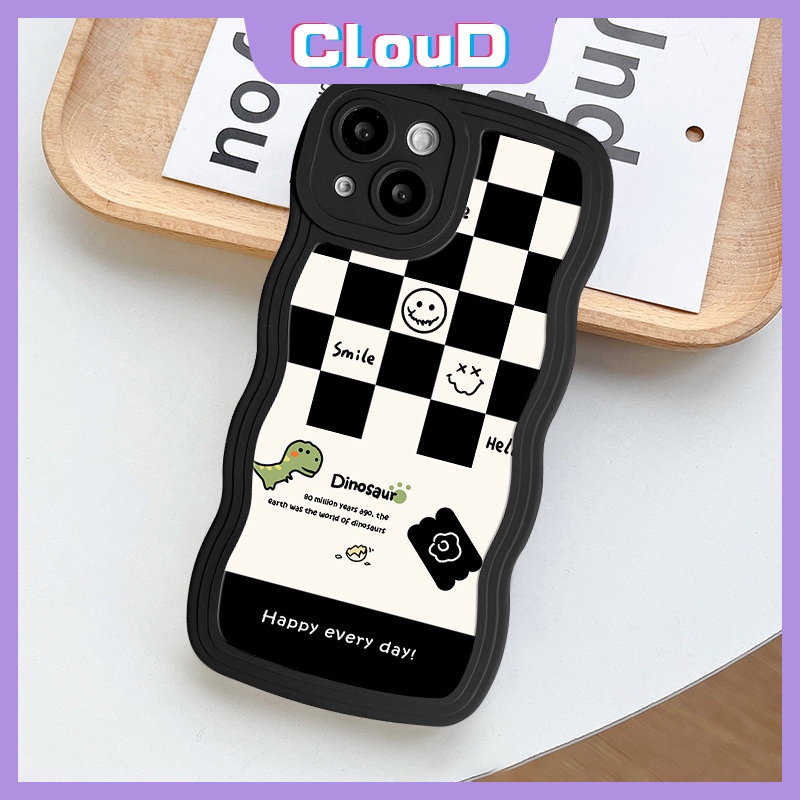 Case Pinggiran Bergelombang Papan Catur Realme C15 C30 C25Y C20 C11 C21Y C35 5i 8i 10 C33 C17 C20A C3 C25s C12 Realme 7i 7 9 8Pro C25 5 9Pro+9i 86i Kartun Dinosaurus Lucu Smiley Soft Tpu Cover