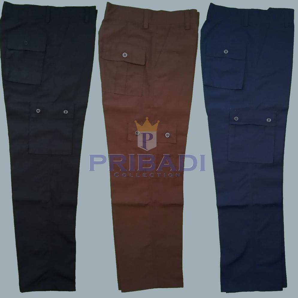 [KODE TS6LS] Celana PDL Cargo 6 Saku SMP SMA Umum Coklat Pramuka Biru Hitam - Seragam Sekolah Bahan 