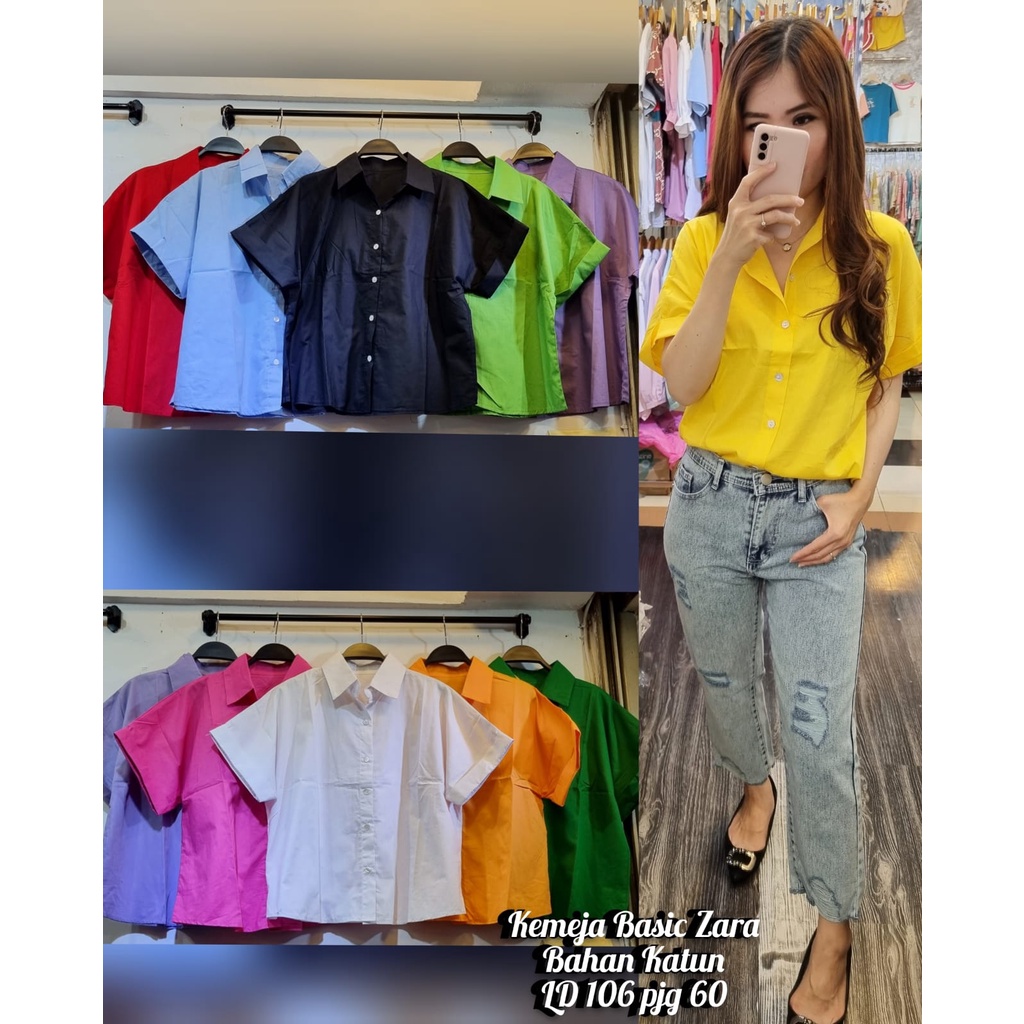 Kemeja Import Wanita Lengan Pendek Polos Bahan Katun
