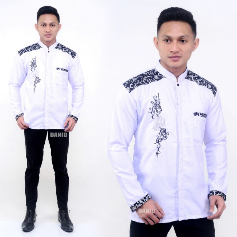 BAJU KOKO ORIGINAL HILWA MOTIF FALCON WARNA PUTIH KOMBINASI BATIK TERBARU