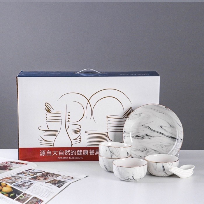Piring Piring Mangkok Keramik Set Motif Marble Free Dus Set Kado Pernikahan