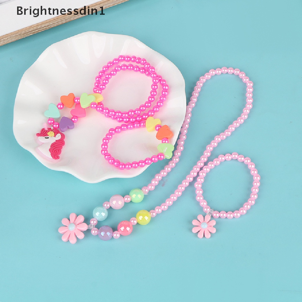 [Brightnessdin1] 2pcs/set Kalung Anak Perempuan Unicorn Bunga Kartun Putri Perhiasan Gadis Gelang Aksesoris Anak Perhiasan Hadiah Butik