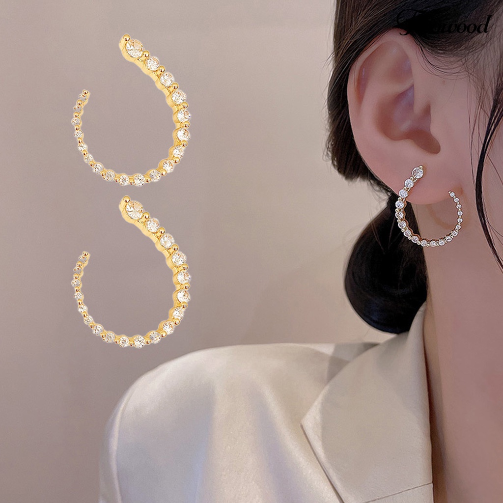 Twowood 1pasang Anting Pejantan Berbentuk C Geometris Minimalis Elegan Mewah Berkilau Berlian Imitasi Wanita Open Hoop Earrings Fashion Jewelry