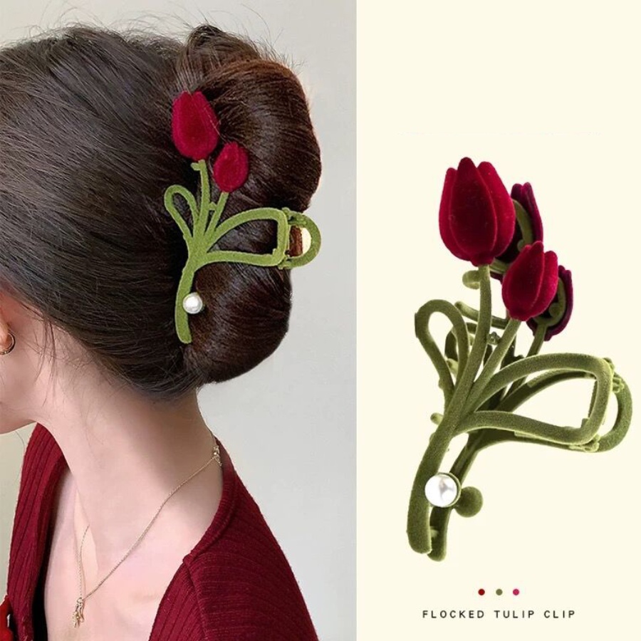 Korea Vintage Merah Beludru Tulip Jepit Rambut Gadis Manis Mutiara Hair Clip Woman Aksesoris Rambut