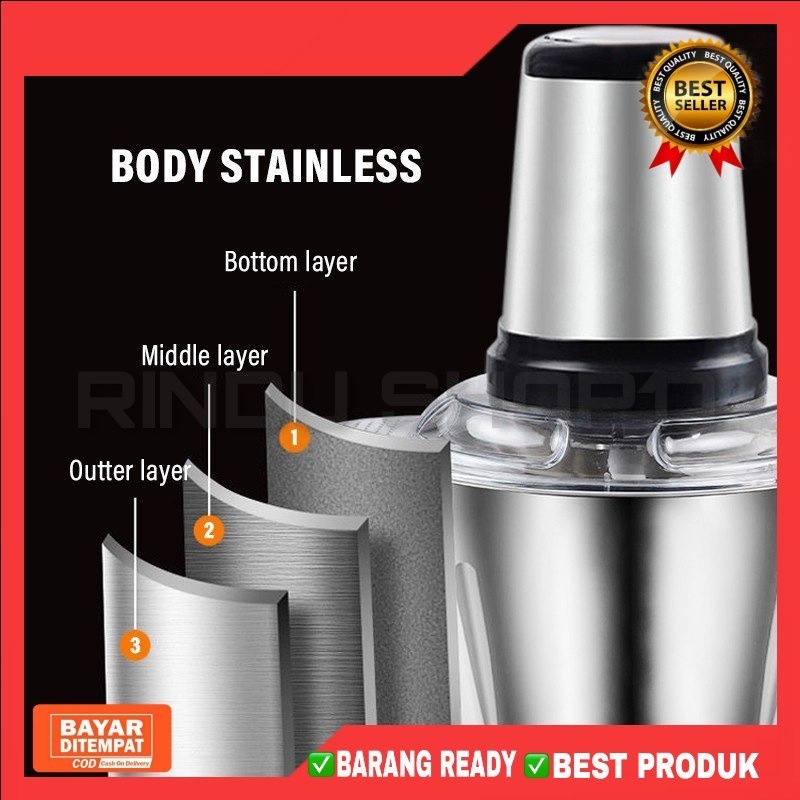 [RS] BLENDER DAGING CHOPPER 2L STAINLESS BESI SS 304 FOOD GRADE PORTABLE BAJA TAHAN KARAT