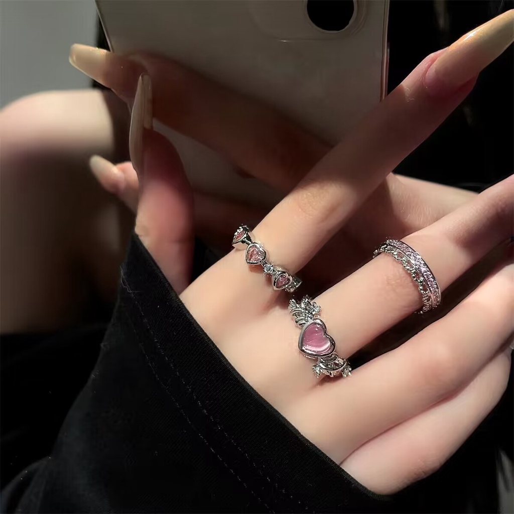 Cincin Silver Zircon Pink Manis Kristal Hati Pembukaan Adjustable Rings Untuk Aksesoris Perhiasan Wanita
