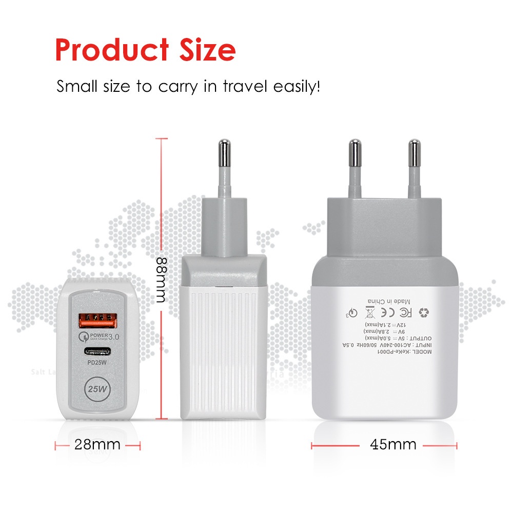 Vaorlo 25W Charger USB PD Fast Charging Port Untuk Port EU UK US QC3.0 Quick Charge