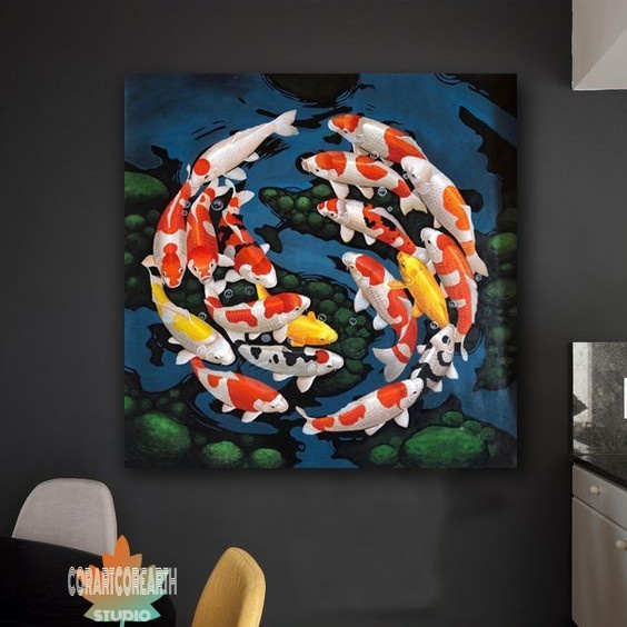 Lukisan Ikan Koi 18 ekor berkualitas + frame siap pajang lukisan dinding kanvas minimalis modren dek