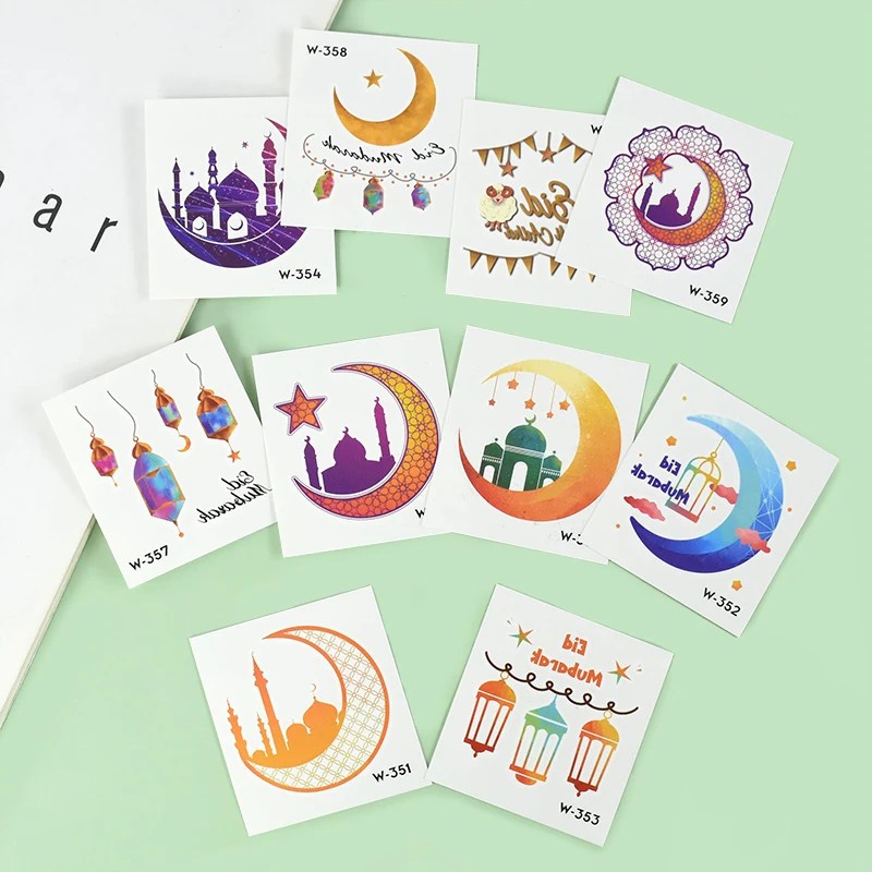 3 / 10Pcs Eid Mubarak Temporary Tattoo Stickers Islamic Muslim Party Supplies Ramadan Kareem Decorative Tattoo for Kids Adults