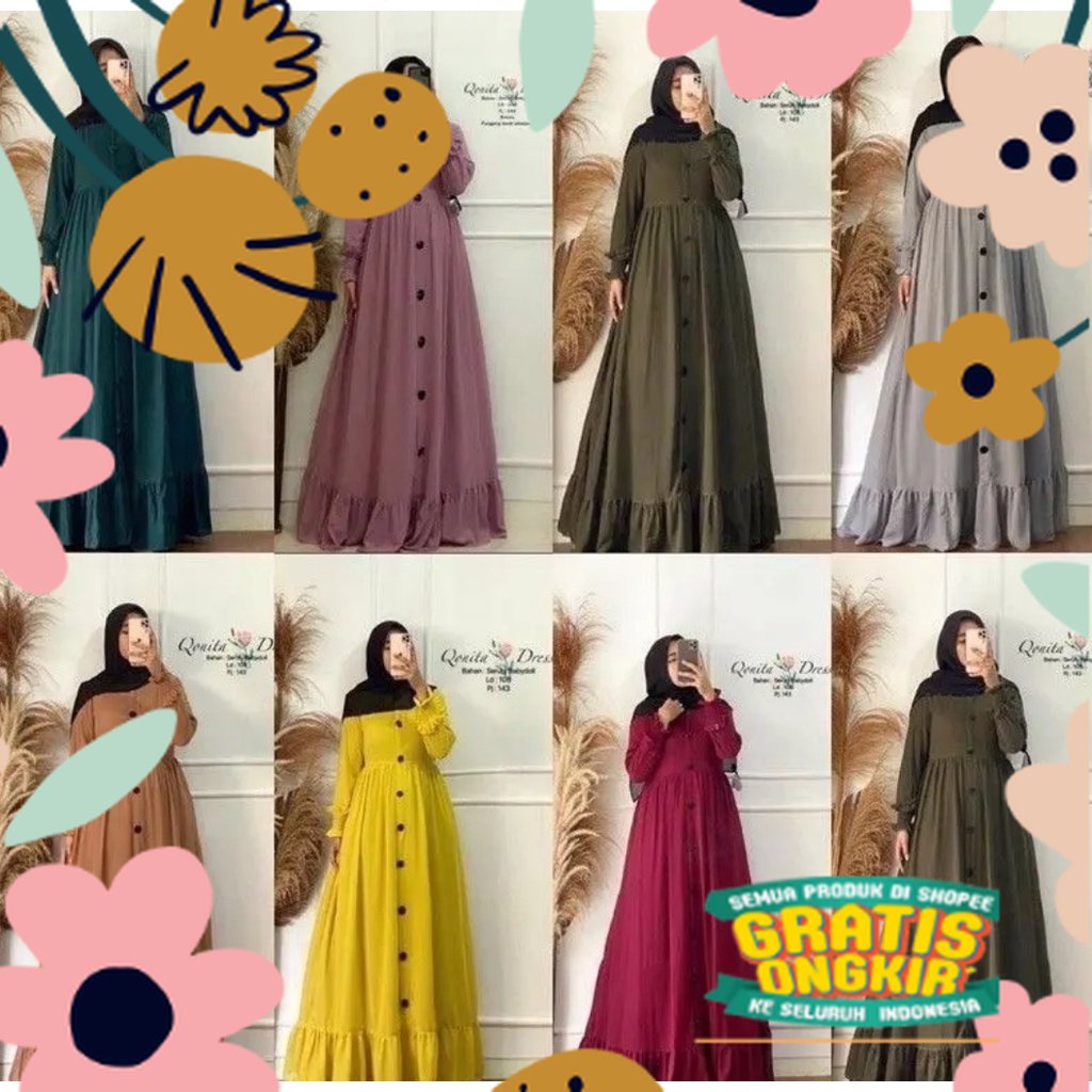 Baju Gamis Wanita Terbaru 2022 / Gamis Malaysia Terbaru 2022 / Gamis Polos Full Kancing Depan Dress 