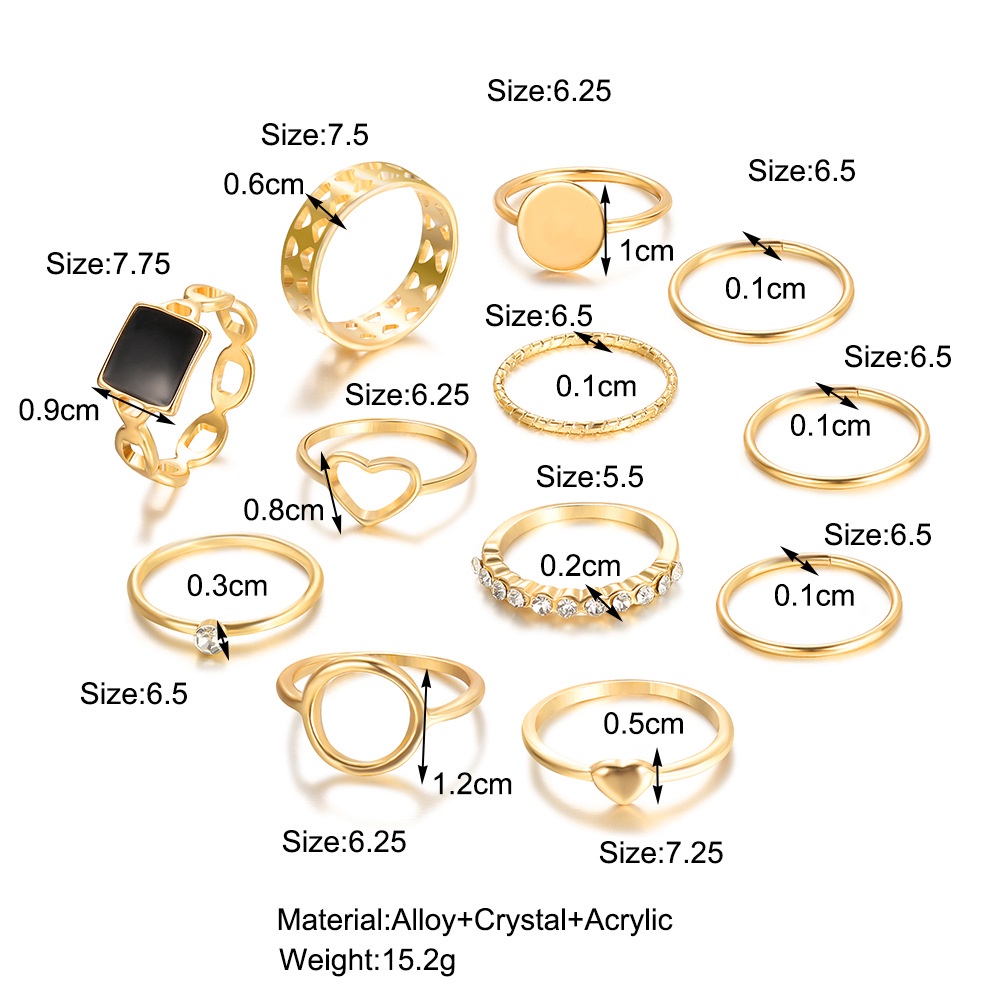 12pcs/set Retro Berongga Jantung Cincin Set Sederhana Lingkaran Geometris Dilipat Berlian Imitasi Cincin Perempuan Wanita Pesta Perhiasan