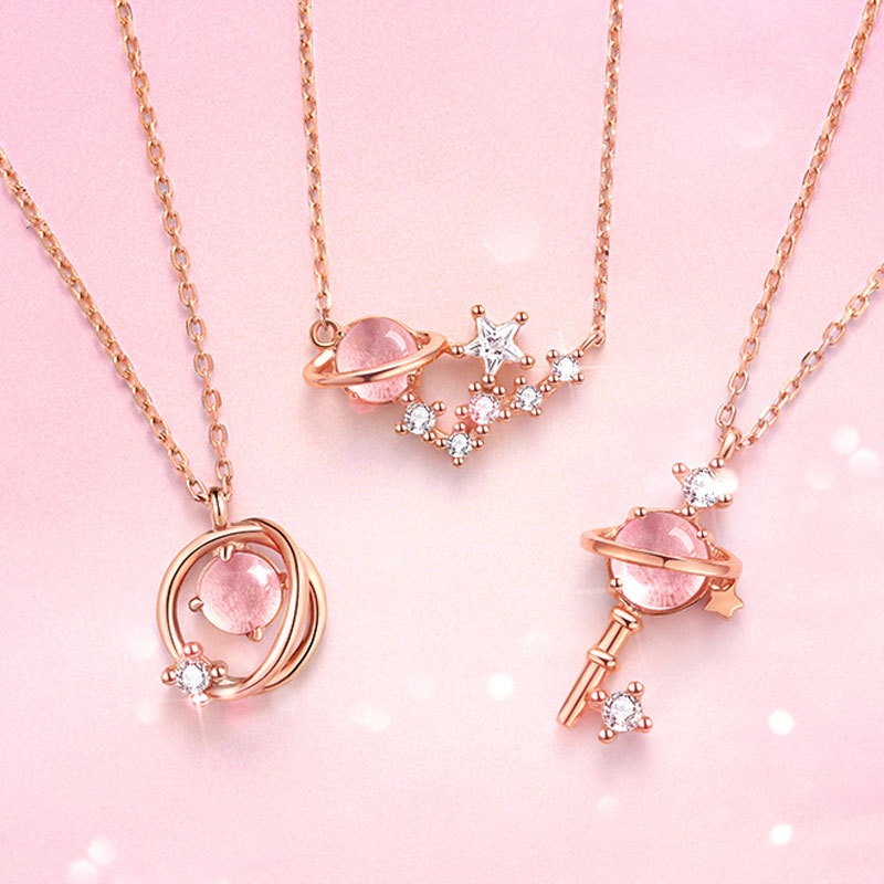 Fashion Kunci Planet Meteor Shower Kalung Pink Zirkon Kristal Liontin Rantai Choker Untuk Aksesoris Perhiasan Wanita