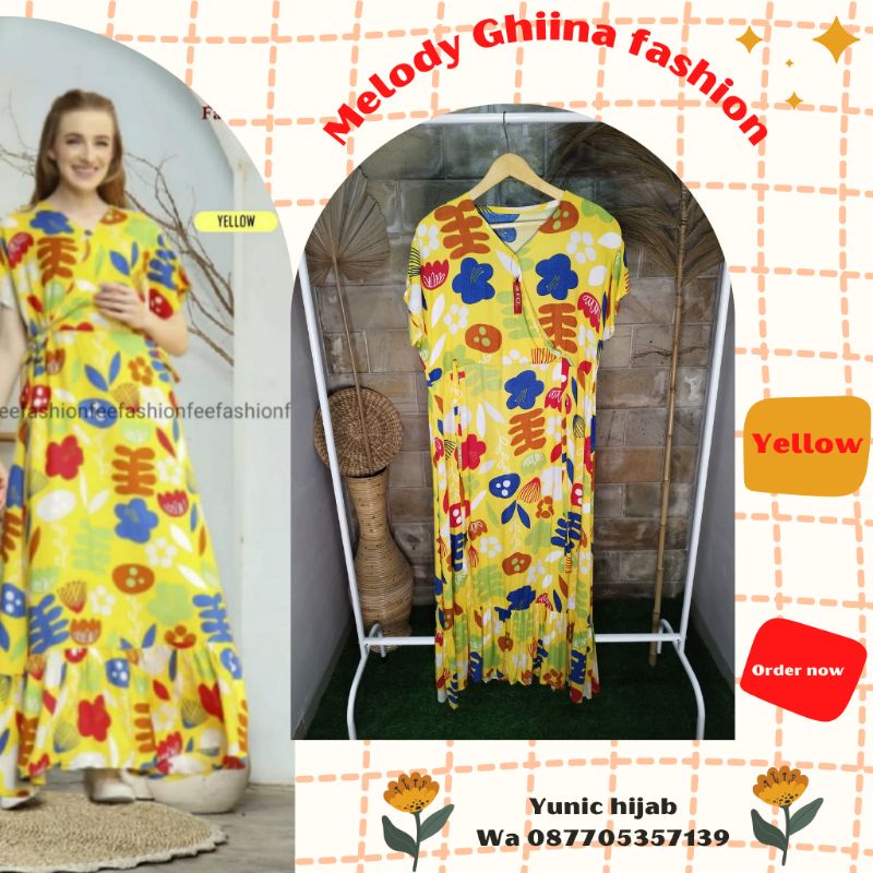 Dress Panjang Lengan Pendek Melody Fee Fashion Branded Rayon Premium Motif Bunga Busui Friendly Kanc
