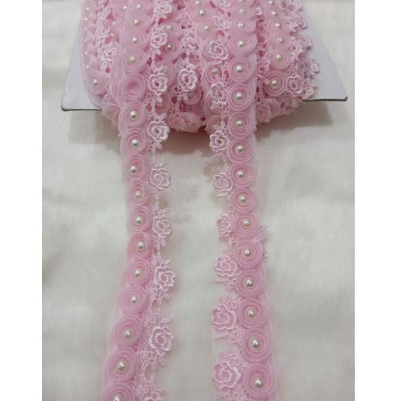 >XC26619<  renda giper bunga tumpuk mutiara lebar 2,8cm harga per. 50cm