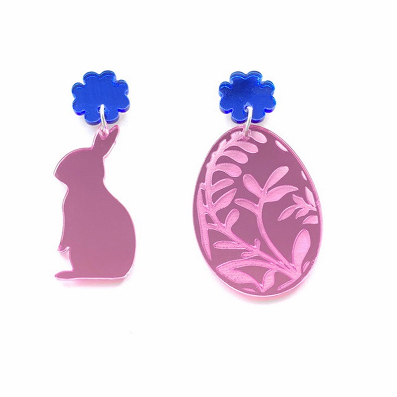 Kelinci Cermin Pink Kreatif Dengan Ukiran Laser Bunga Dan Telur Paskah Bahan Akrilik Berkilau Anting Stud Untuk Wanita