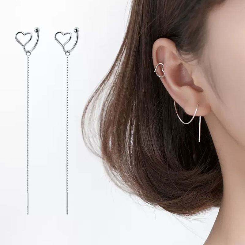 Anting Klip Telinga Hati Sederhana Rantai Warna Perak Menjuntai Earrings Woman Lady Fashion Pesta Perhiasan Hadiah