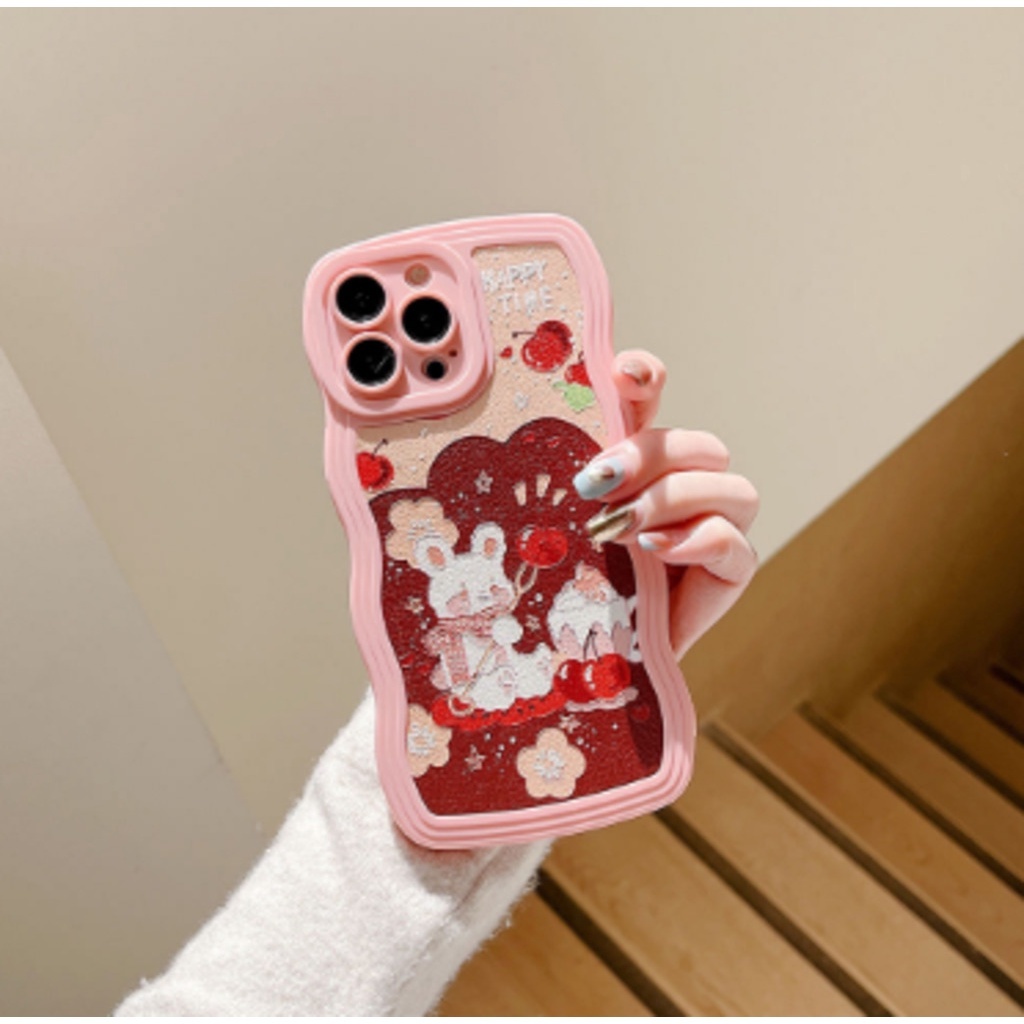 IPHONE Casing Ponsel Desain Bentuk Gelombang Kelinci Cherry Pink Kompatibel Dengan Iphone12 13 14 11 Pro Max X Xs Max Xr Qwsdx