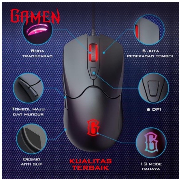 Mouse Gaming Macro Wired Kabel GM200 RGB 7200 DPI High Res Ori