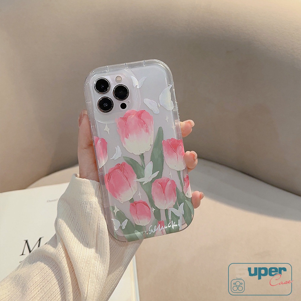 IPHONE Shockproof Airbag Phone Case Kompatibel Untuk Iphone14 13 Pro Max7 8 Plus 11 12 Pro MAX XR X6 6S PlusX XS MAX Fashion Segar Musim Semi Bunga Tulip Kupu-Kupu Soft TPU Case