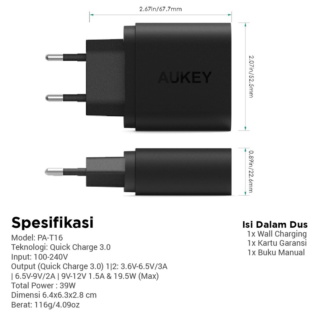 Aukey Charger PA-T16 2 Ports 36W QC 3.0 - 500076 charger aukey 2usb