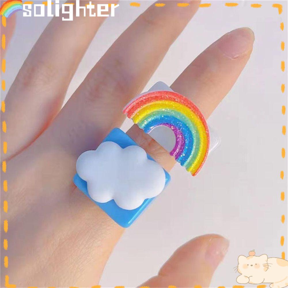 Solighter Cincin Resin Akrilik Wanita Gadis Perhiasan Warna-Warni Cincin Hadiah Untuk Wanita Pria Musim Panas Resin Kura Kartun