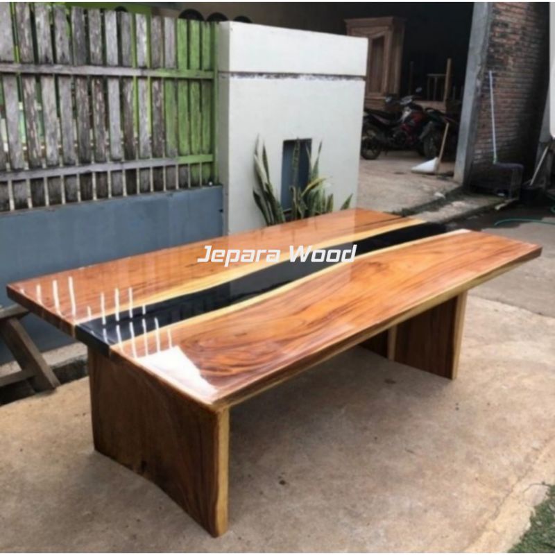 meja makan river resin epoxy kayu trembesi