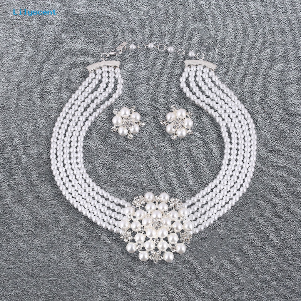 [LS] 1set Kalung Anting Set High Gloss Mengkilap Terang Kilau Diikat Manik-Manik Mutiara Imitasi Bunga Pernikahan Pengantin Kalung Anting Perhiasan Hadiah