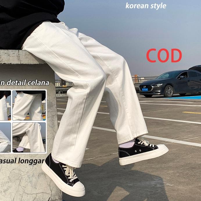 [ Bisa Cod ] Celana jeans pria korean style jeans putih celana panjang pria kulot jeans baggy pants 