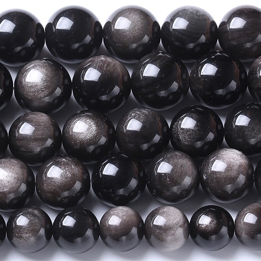 Butir Batu Obsidian Warna Perak Hitam Alami 12mm