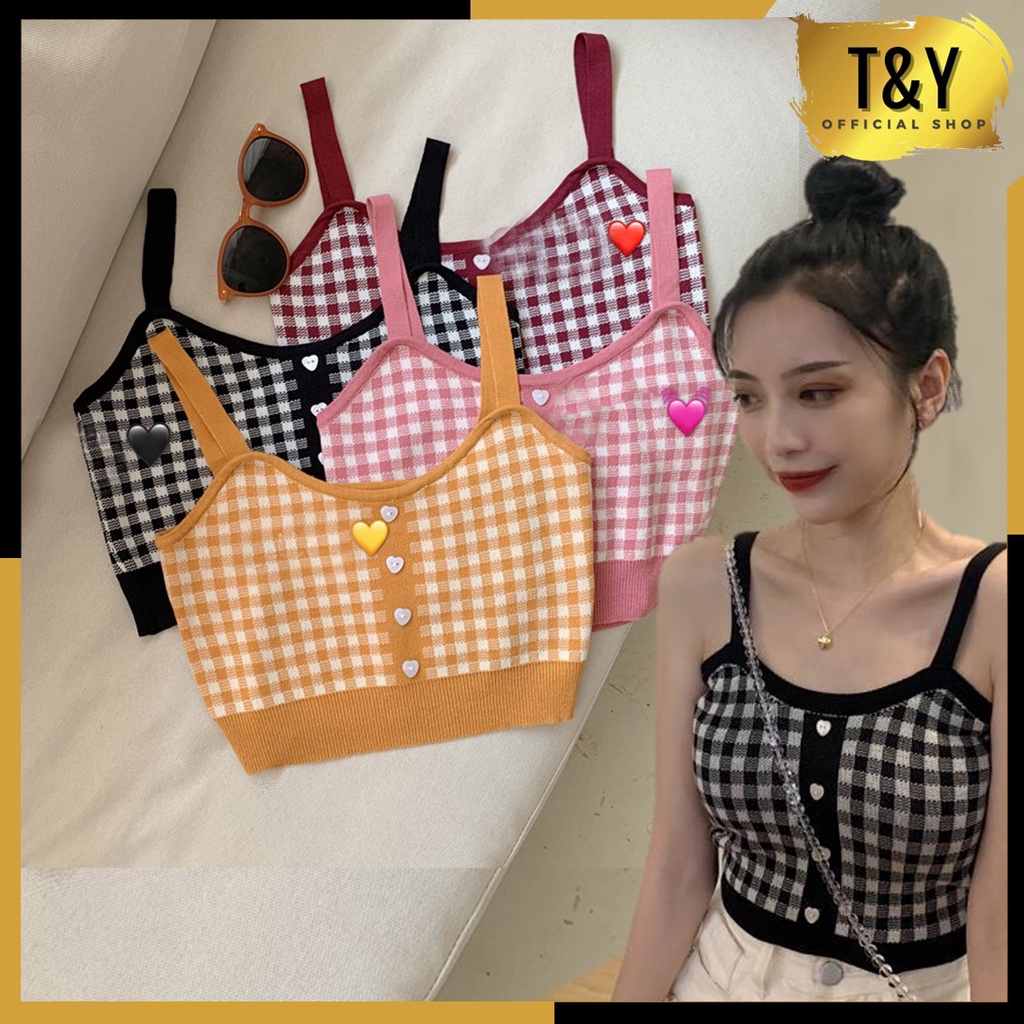 T&amp;Y Tank Top Crop Wanita Motif Kotak 6611 Korean Square Knit Tanktop Fashion Korea