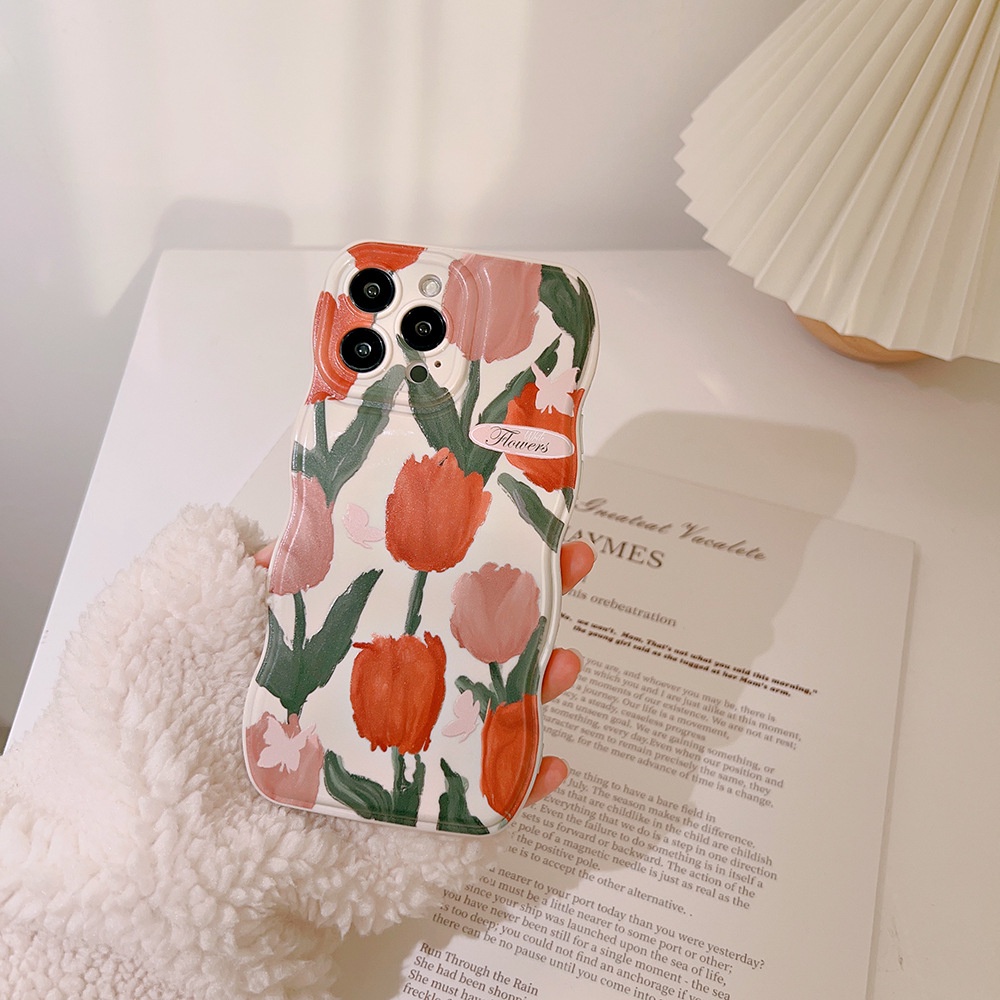 IPHONE Orange Flowers Soft Beige Wave Edge Case Untuk Iphone14 11 12 13 PRO MAX Casing Cover Pelindung AT0017