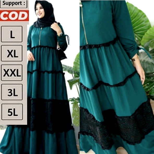 Dress / Gamis Lis Brukat Hijau Botol Tosca Tua Jumbo Simpel Kasual Lucu Cantik Kekinian Elegan 2XL 3