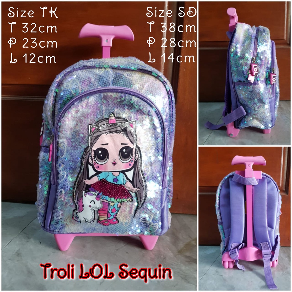 Tas Sekolah Troli Anak SD dan TK Tas Trolley Dorong Anak Sekolah Motif Sequin LOL Tas Koper Anak Perempuan Import