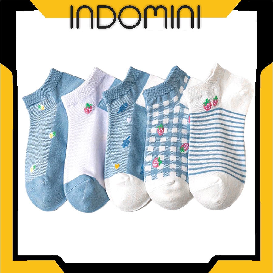 INDOMINI Kaos Kaki Pendek Wanita Semata Kaki Motif Daun Strawberry Biru KK029