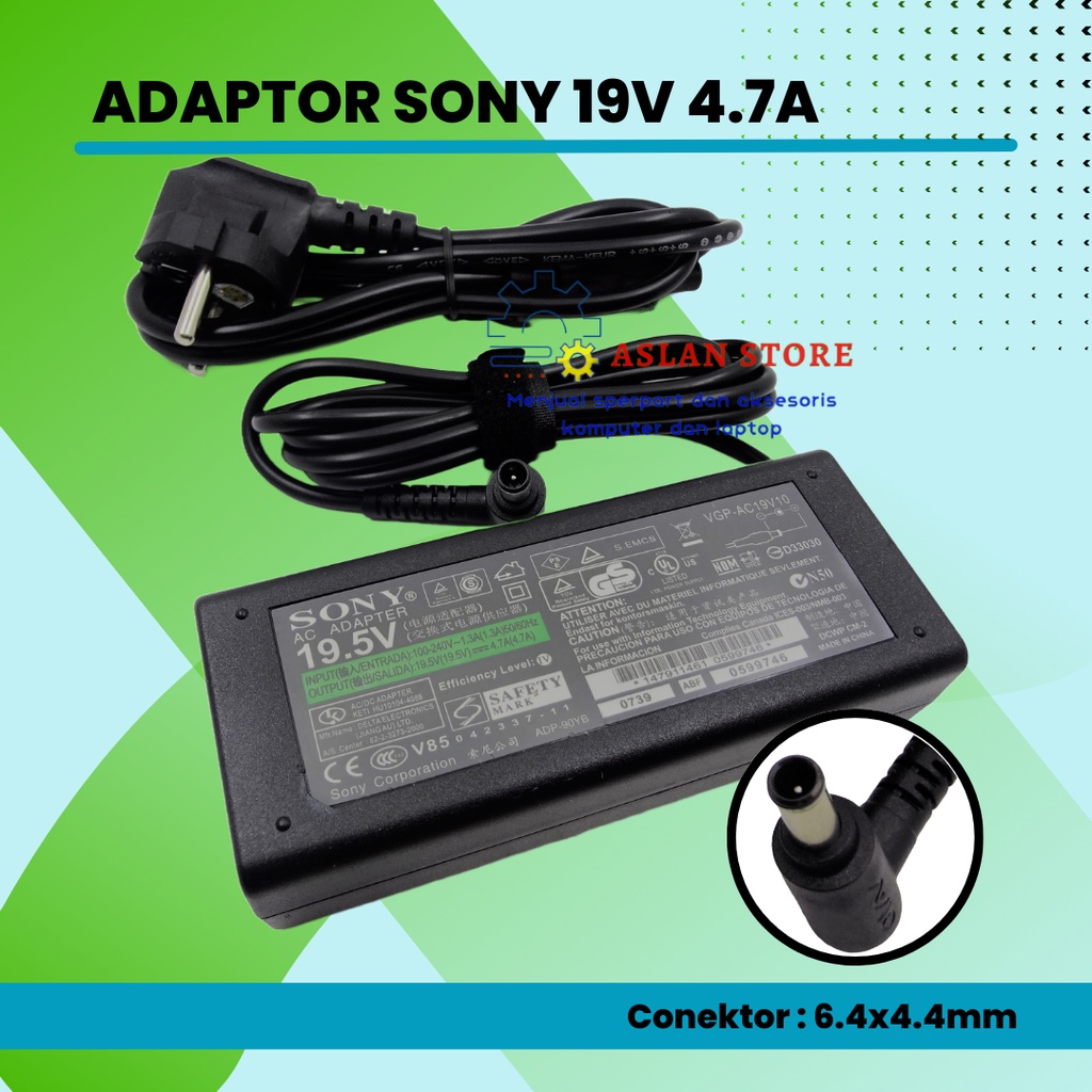 Adaptor Charger Laptop Sony Vaio 19.5V - 4.7A 6.4x4.4mm Sony VAIO PCG VGP VGN VGA VPC Notebook LCD TV Series 90W 6.5*4.4Mm