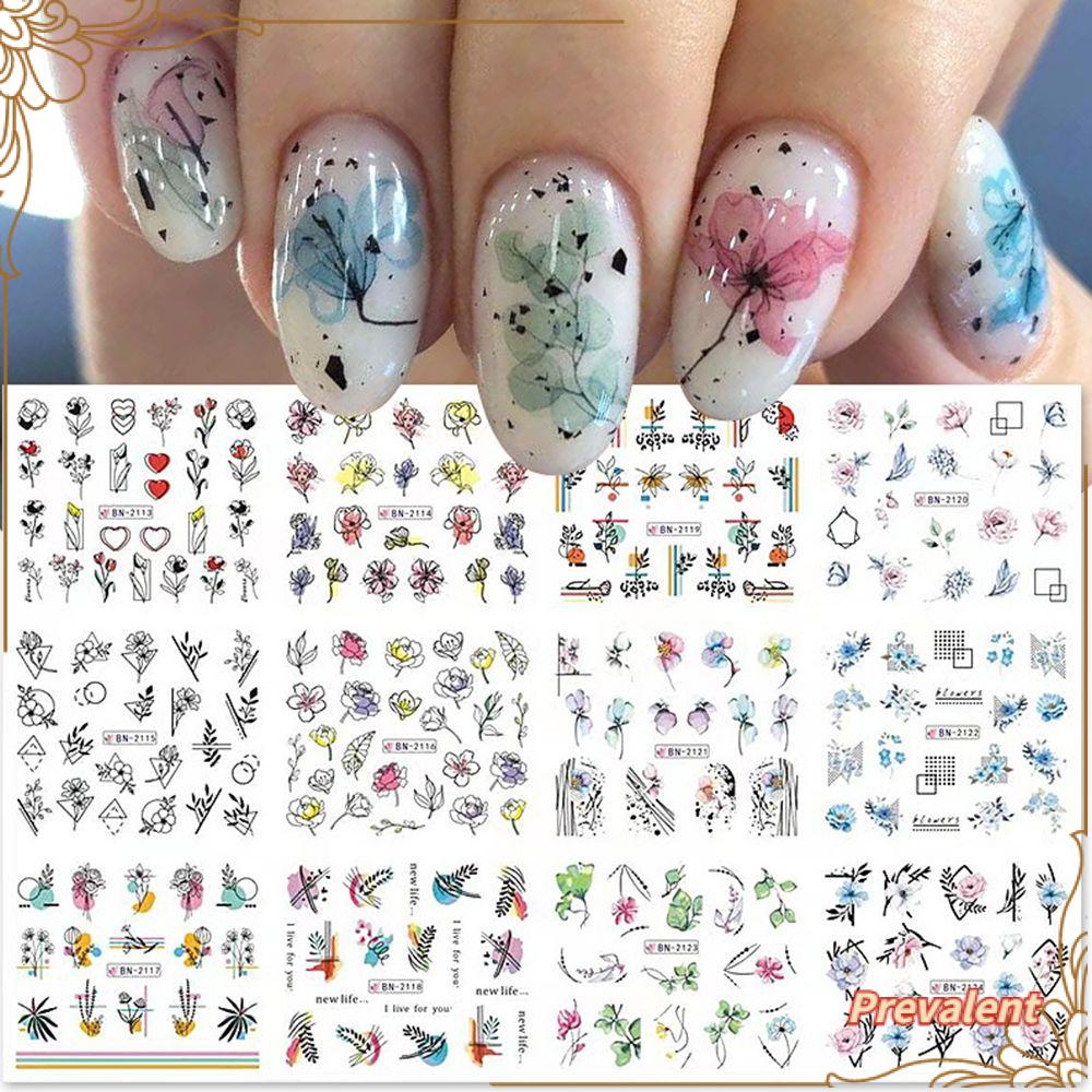 Preva Stiker Kuku Manicure DIY 12in1bunga Perekat Decals Tema Musim Panas Cat Air