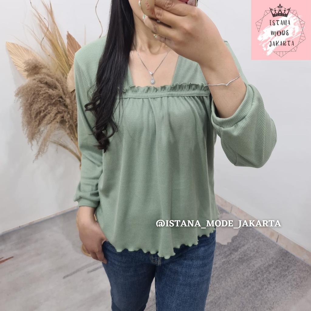 IMJ LAURA Rajut Ruffle Blouse Premium - Baju Atasan Wanita Lengan Panjang All Size Fit to XL