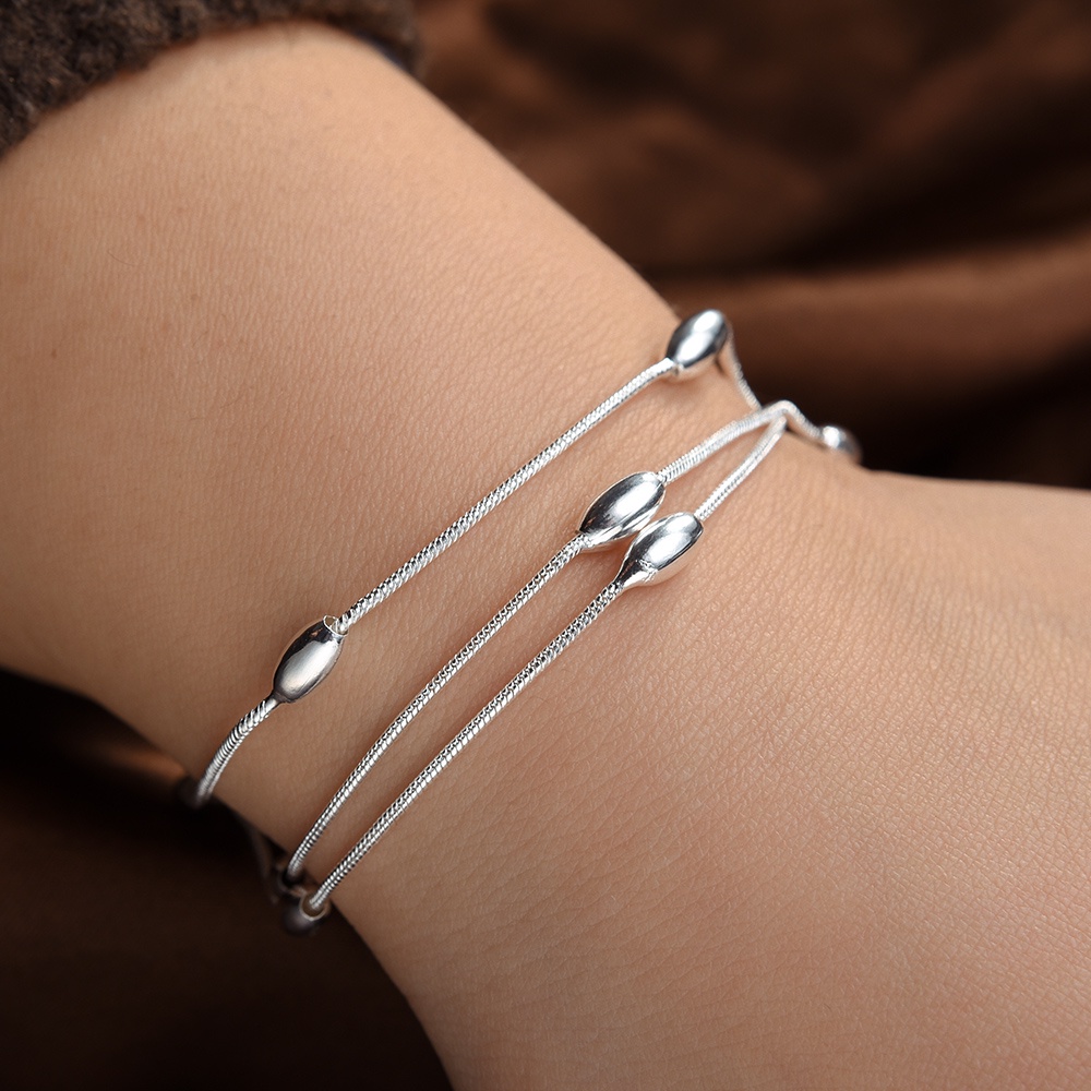 Gelang Hias Harian Perak Tiga Baris Manik Ringan Gelang Gaya Etnik Untuk Wanita Perempuan Trendi Perak Triple Oval Bead Bracelet Elegan Indah Perhiasan Aksesoris