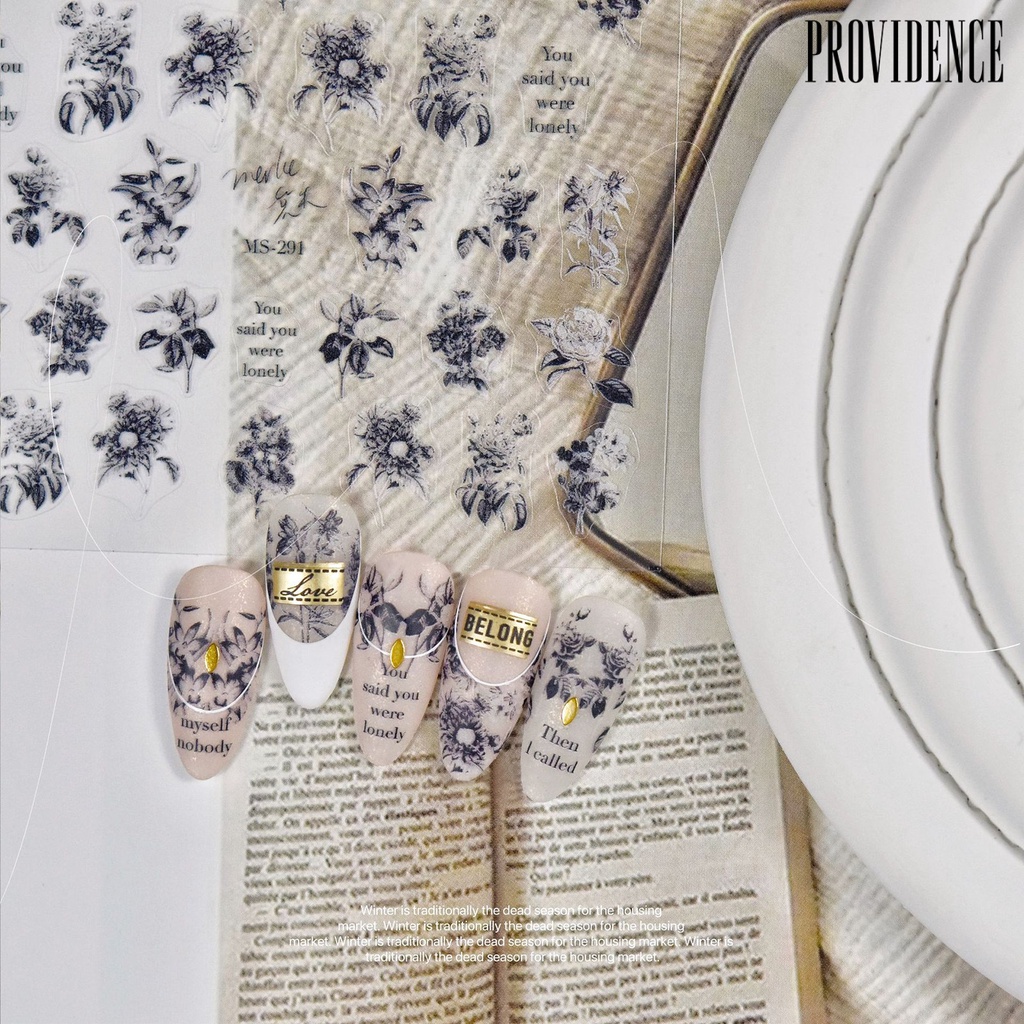 Providence Nail Art Stiker Perekat Diri Mudah Tempel Tidak Luntur DIY Kuat Lengket Gaya Jepang Vintage Hitam Kuku Bunga Stiker Perlengkapan Kuku