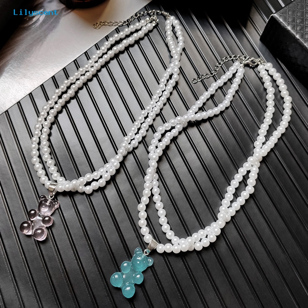 [LS] Liontin Kalung Double Layer Mutiara Imitasi Transparan High Gloss Finishing Terang Leher Dekorasi Aksesori Kreatif Permen Beruang Liontin Manik-Manik Kalung Untuk Pakaian Sehari-Hari