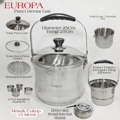 Terlaris Europa Pot Panci Ajaib Hemat Gas / Panci Magic Cooker Stainless 7 L