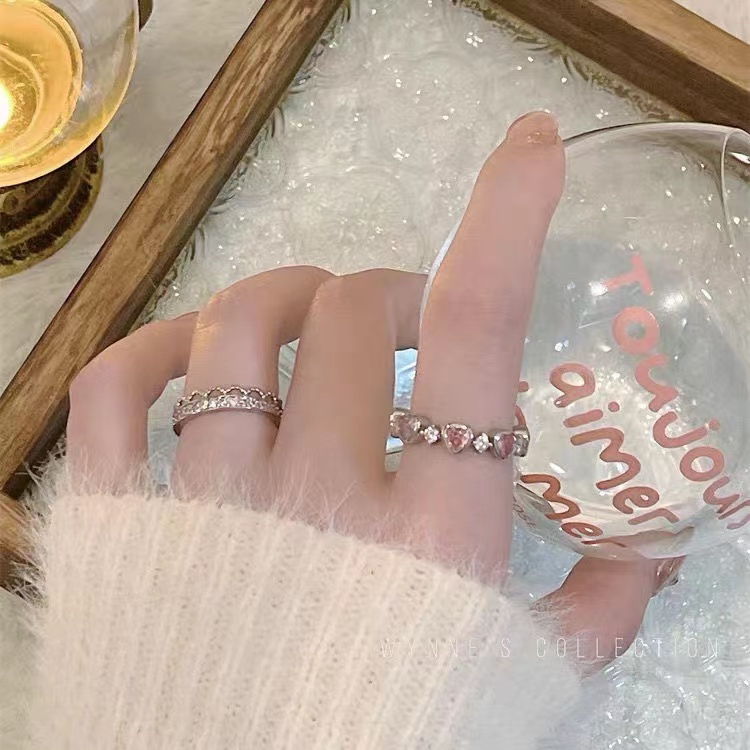 IFYOU Cincin Hati Zirkon Pink Untuk Wanita Pembukaan Yang Dapat Disesuaikan Silver Ring Aksesoris Perhiasan