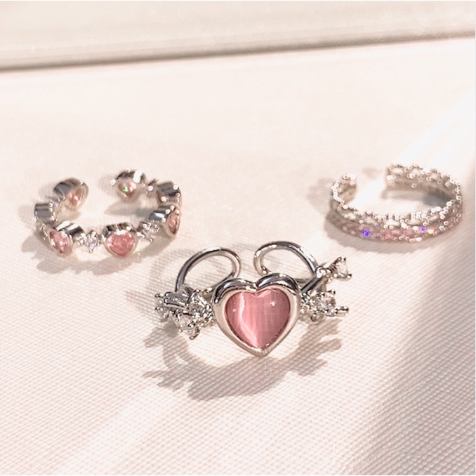 Cincin Silver Zircon Pink Manis Kristal Hati Pembukaan Adjustable Rings Untuk Aksesoris Perhiasan Wanita