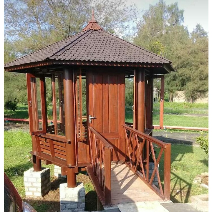 Gazebo Segi 6 Full Dinding Kaca Model Minimailis Terbaru | Pos Satpam Rumah Kayu | Rumah Kayu Modern