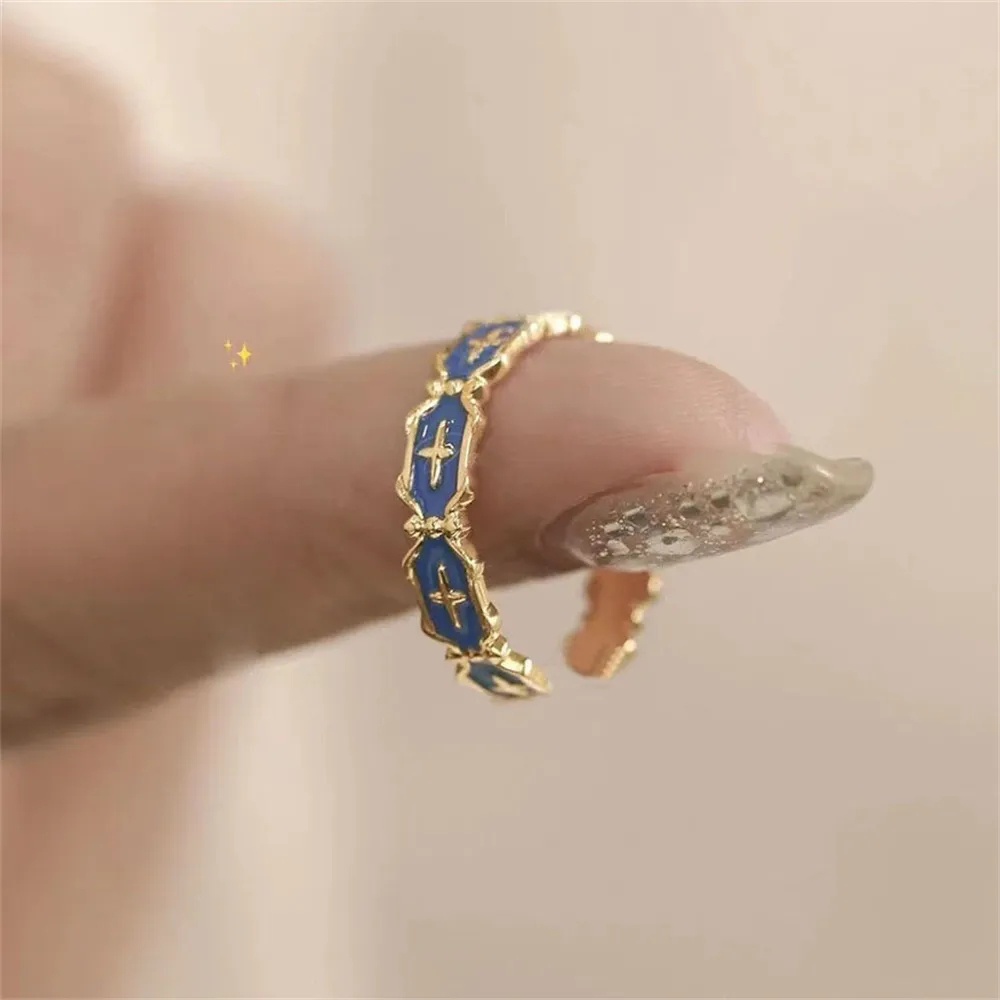 Enamel Halus Berwarna Terbuka Dapat Disesuaikan Cincin Retro Unik Perhiasan Untuk Wanita Perempuan Tetes Minyak Silang Cincin Pasangan Cincin Ins Gaya Bunga Cincin Fashion Elegan